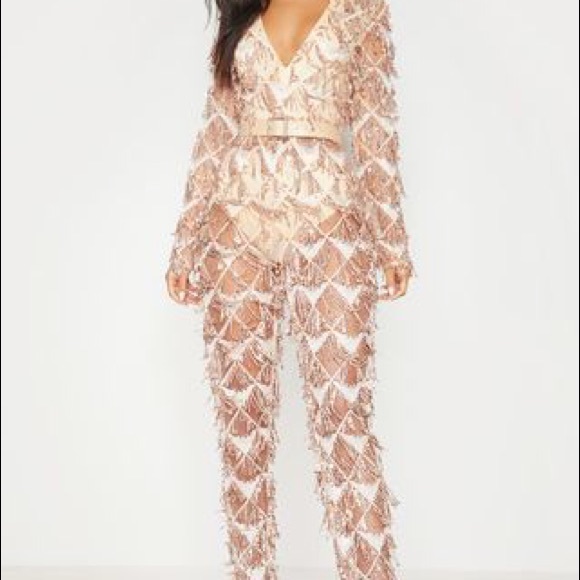 Rose Gold Tassel Sequin Plunge Jumpsuit - Picture 4 of 7